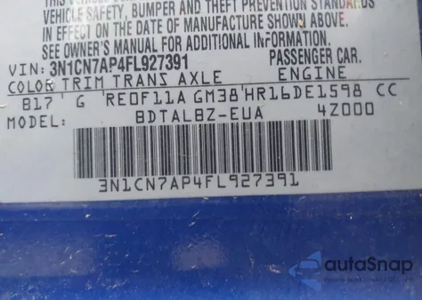 2015 Nissan Versa 1.6 S/1.6 S+/1.6 Sl/1.6 Sv from USA, damaged, VIN 3N1CN7AP4FL927391